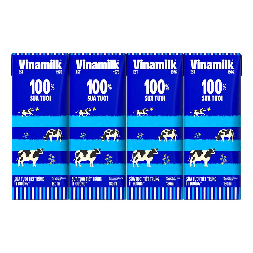Sữa tươi tiệt trùng Vinamilk 100% ít đường lốc 4*180ml