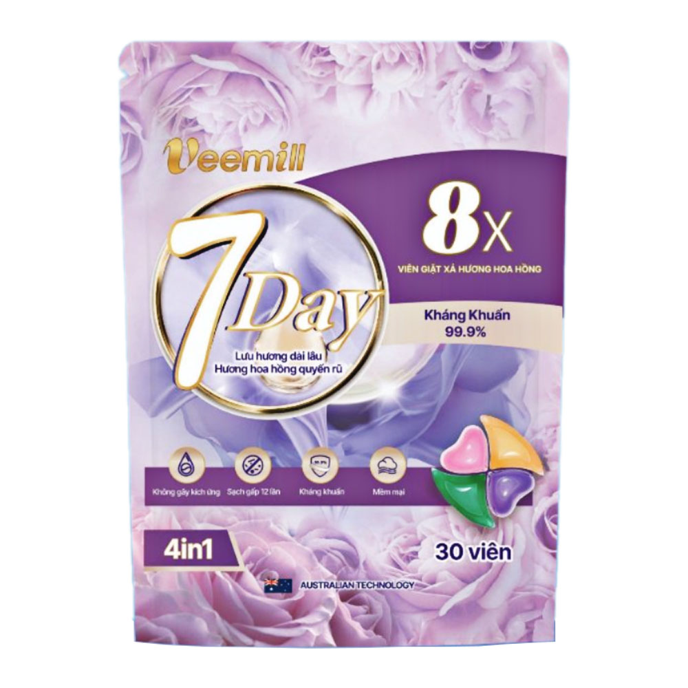 Viên giặt xả Veemill 4 in 1 H. hoa hồng túi 30V