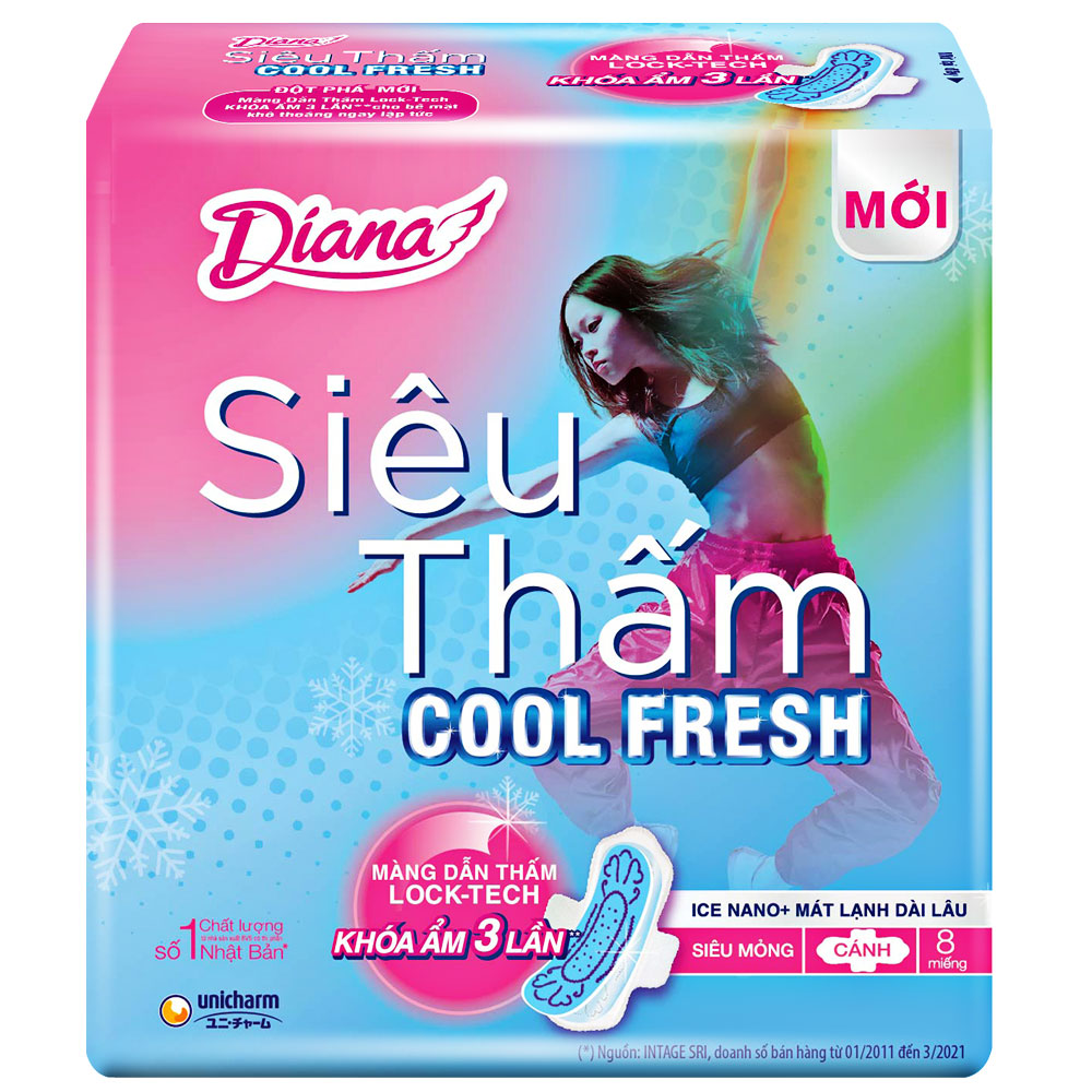 Băng vệ sinh Diana siêu thấm  Sensi  Cool Fresh mỏng cánh 23cm 8 miếng 