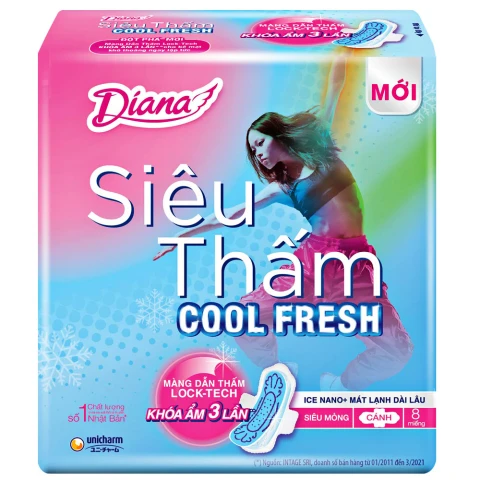 Băng vệ sinh Diana siêu thấm  Sensi  Cool Fresh mỏng cánh 23cm 8 miếng 