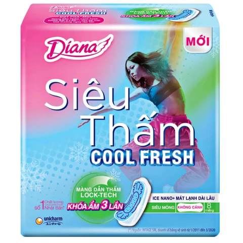 Băng vệ sinh Diana Sensi cool Fresh siêu thấm siêu mỏng không cánh  23cm 8 miếng 
