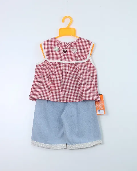 Bộ cộc tay trẻ em gái 92606 kẻ size 5 AS07
