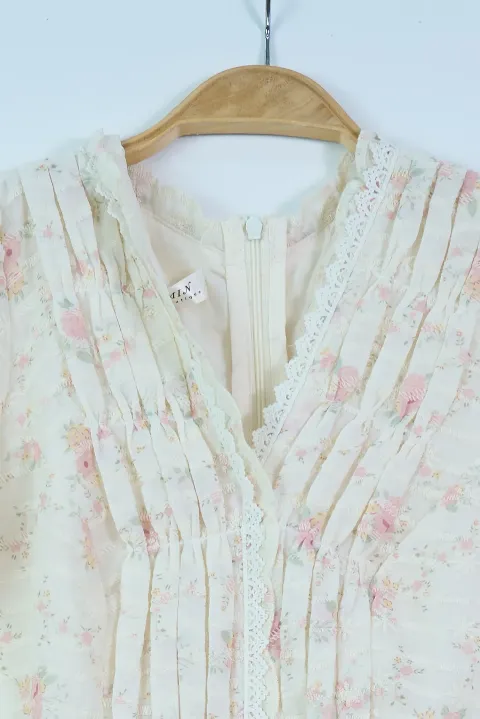 Váy cộc tay công sở nữ hoa eo xếp ly ngực hồng size L Min