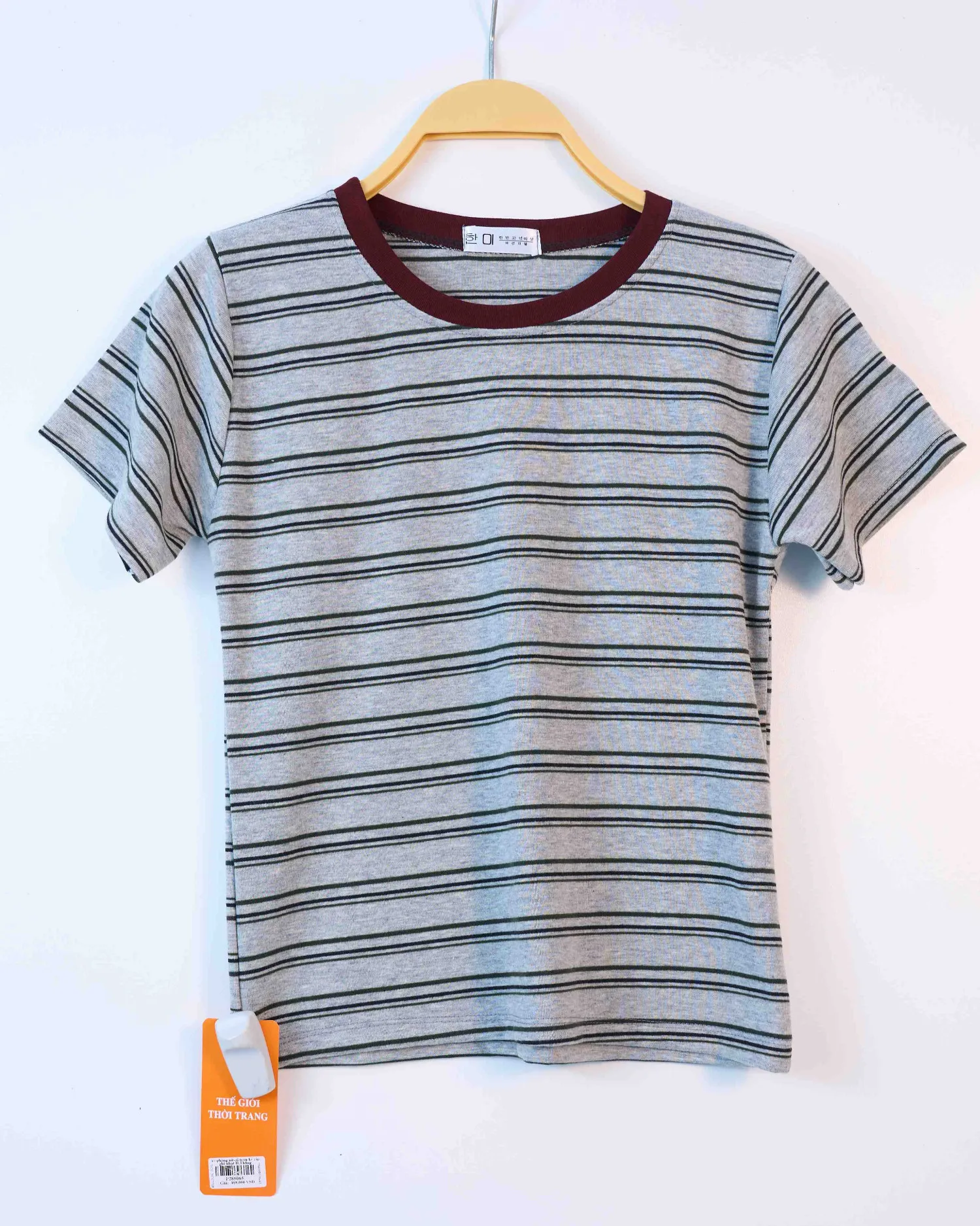 Áo phông nữ cổ tròn kẻ zip nâu H.Thắng