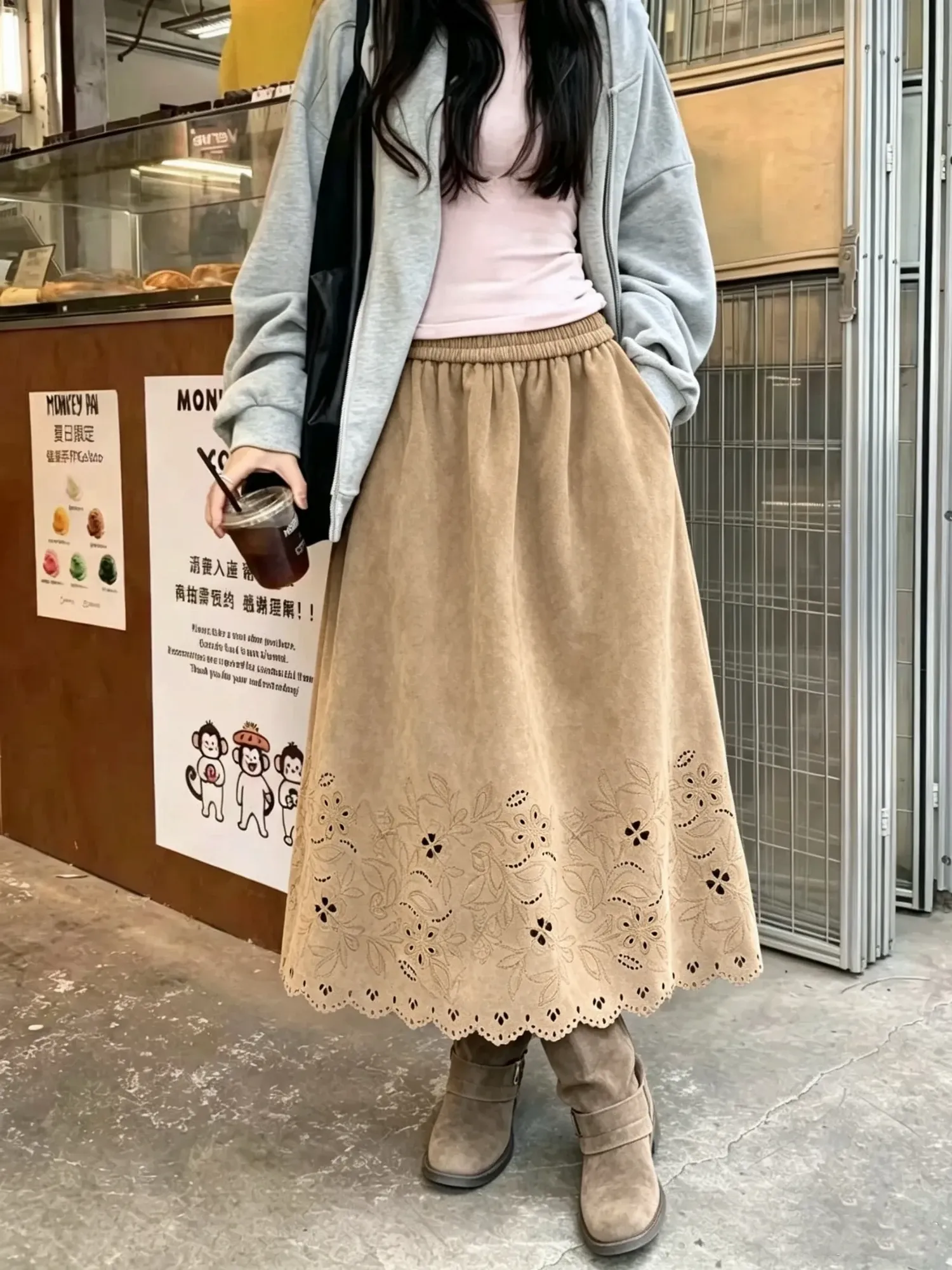 Chân váy nữ dài nhung 8105 Rêu  F  QC.Đ7