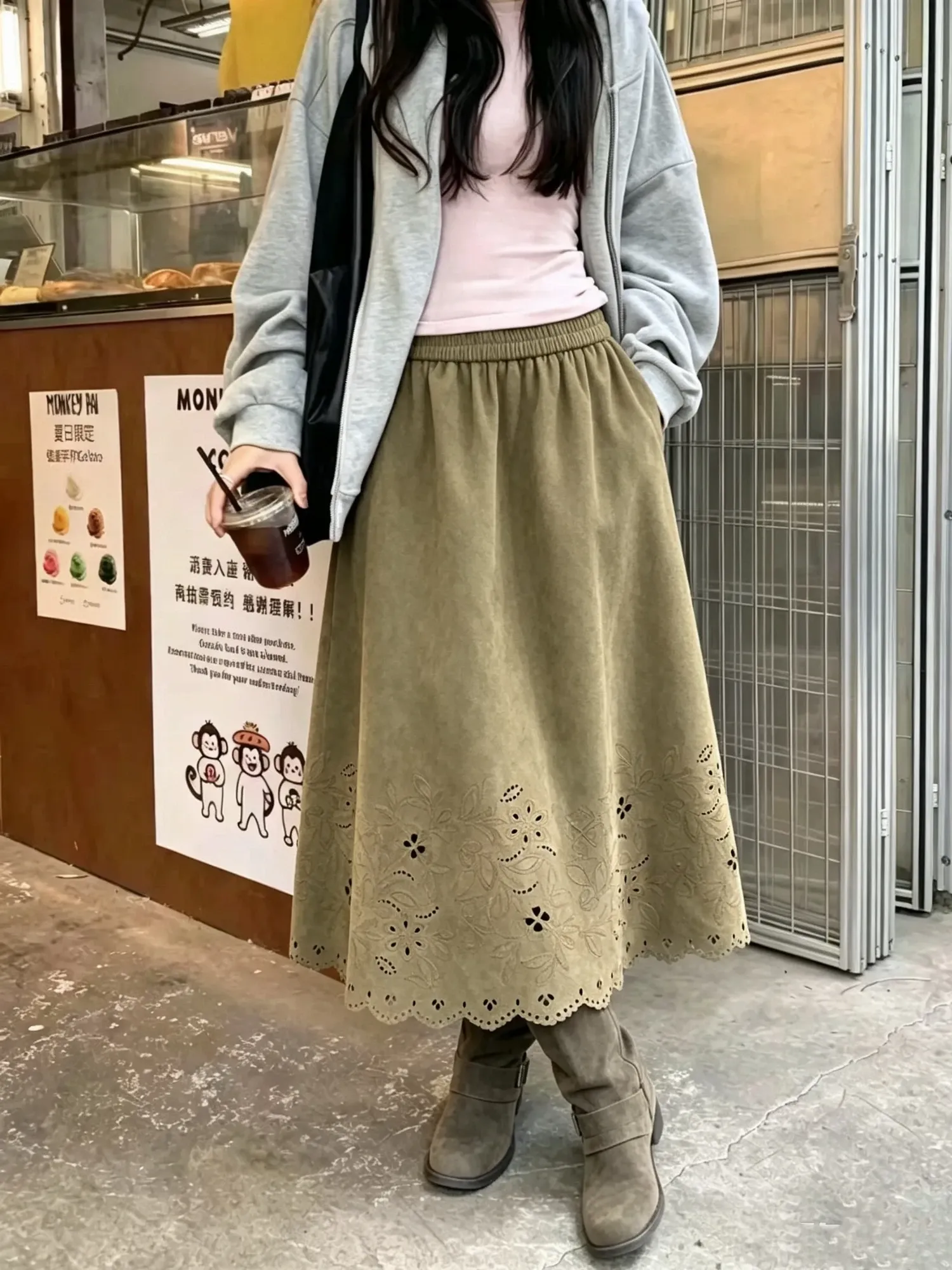 Chân váy nữ dài nhung 8105 Rêu  F  QC.Đ7