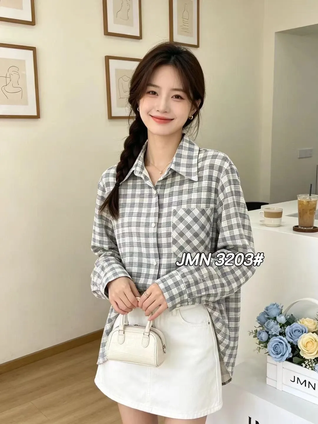 Áo sơ mi dài tay nữ kẻ 3203 kem 25.2026D1