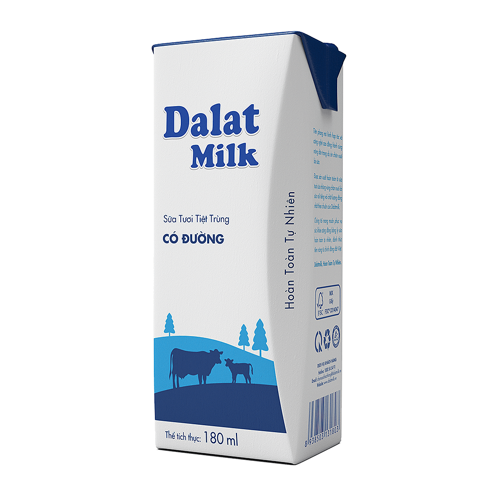 Sữa tươi tiệt trùng Dalat milk có đường lốc 4*180ml