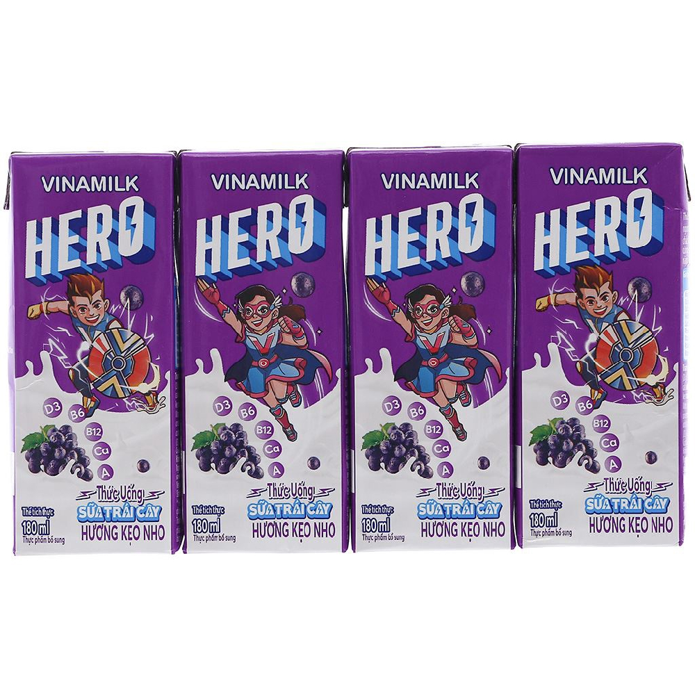 Thức uống sữa trái cây  Vinamilk Hero  hương kẹo nho  lốc 4*180ml