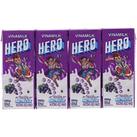 Thức uống sữa trái cây  Vinamilk Hero  hương kẹo nho  lốc 4*180ml