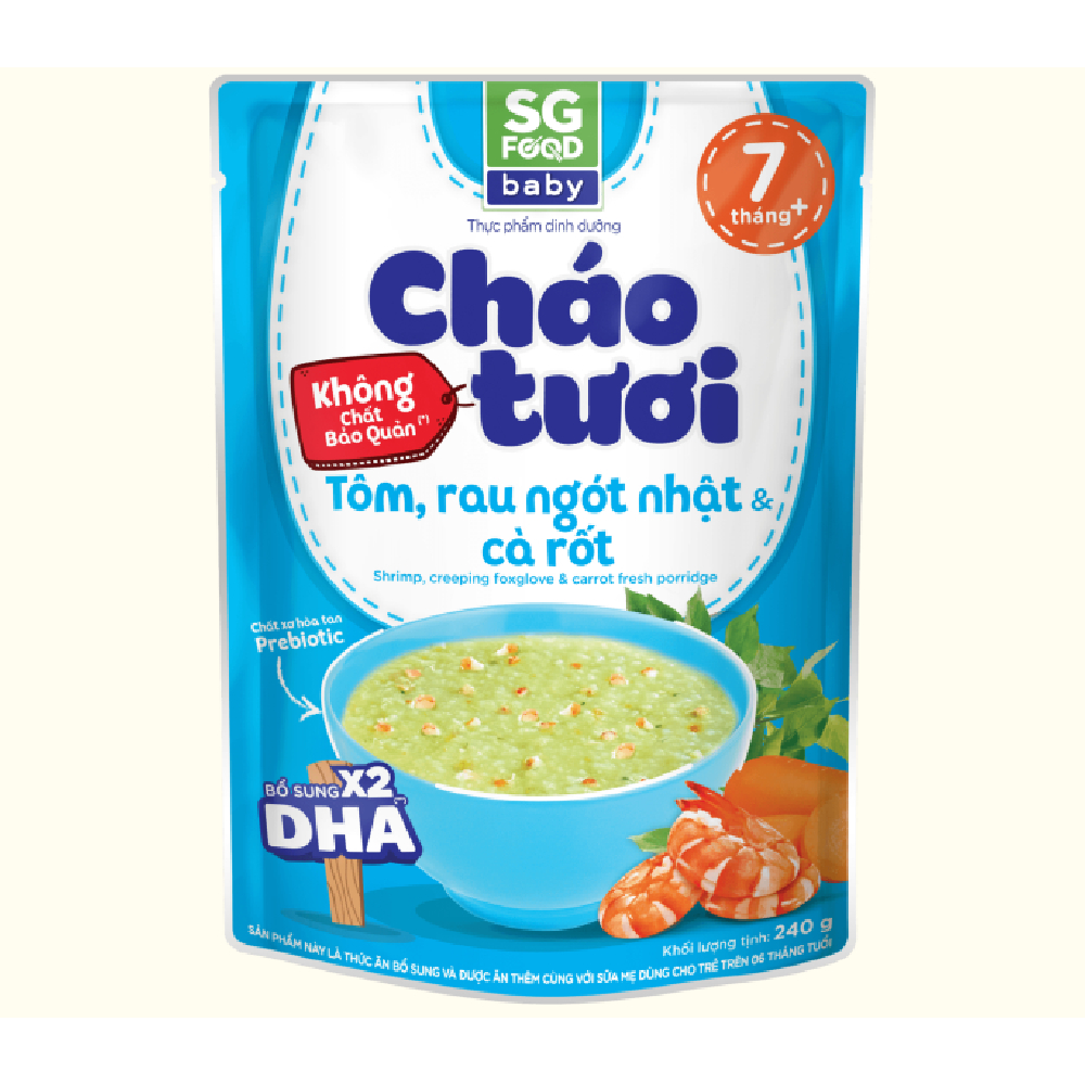Cháo tươi baby SG Food tôm, rau ngót nhật và cà rốt 240gr